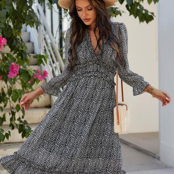 leopard print black ruffle v neck black dress - Picture 2 of 7